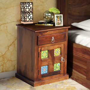 ROYAL FINISH Kaliedo Tialic Bedside,Ceramic Tiles,1 Drawer & Cabinet,Premium Polish Solid Wood End Table