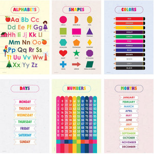 Kids Educational Posters for learning Alphabets, Numbers, Shapes, Color, Week days, Month names for Preschool Activities (Pack of 06) Paper Print