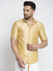 kaifoo Men Solid Festive Gold Shirt