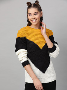 STREET9 Printed Round Neck Casual Women Yellow Sweater