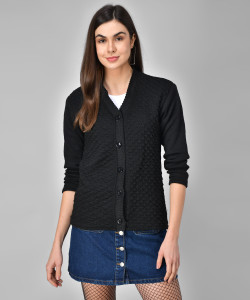 eWools Solid V Neck Casual Women Black Sweater