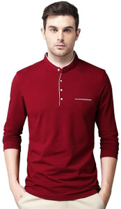 Try This Solid Men Mandarin Collar Maroon T-Shirt