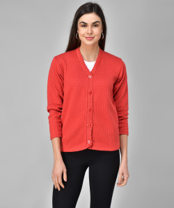 eWools Women Button Self Design Cardigan