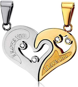 vinutha store I Love You Pendant, BROKEN HEART LOCKET,Valentine Special Bicolor I Love You Heart in Heart Couple Duo Pendant Silver Golden Locket Sterling Silver Stainless Steel