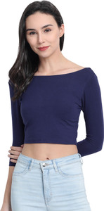 V Star Casual 3/4 Sleeve Solid Women Blue Top