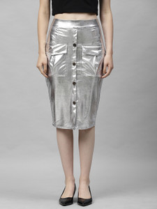 ATHENA Solid Women Pencil Silver Skirt