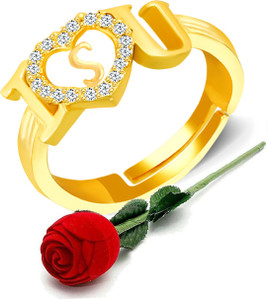MEENAZ Valentine gift Jewellery Stylish Heart Shape Golden Proposal i love you Name Alphabet Letter Initial S Rings for girls women girlfriend Men Boys Couples American diamond CZ AD Adjustable Gifts Set Lovers Design With Velvet Red Rose box set-RING ROSE BOX SET-ME118 Brass, Copper, Crystal, Stone, Alloy, Metal Cubic Zirconia, Diamond, Zircon, Crystal Gold Plated Ring Set