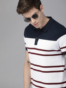 रोडस्टर पुरुषों के लिए पोलो नेक धारीदार सफेद टी-शर्ट