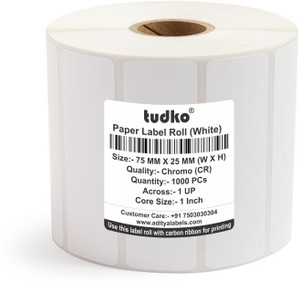 tudko 75 mm X 25 mm (White) Barcode Paper Labels, 1000 Labels in Roll, Print with Carbon Ribbon, Set of 1 Roll, Self Adhesive Paper Label