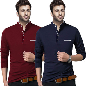 Unite Wear Solid Men Henley Neck Dark Blue, Maroon T-Shirt