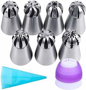 ALAMDAAR 6Pcs Sphere Ball Stainless Steel Flowers Russian Nozzles Tips with Icing Piping Bag | Pastry Cake Fondant Cupcake Buttercream DIY Baking Decorating Tool Set | Reusable & Washable | Silver – Set Of 8 Steel Multi-opening Icing Nozzle