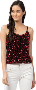 Fabitto Party Sleeveless Embellished Women Red Top