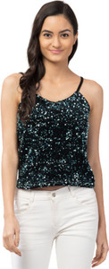 Fabitto Casual Sleeveless Embellished Women Blue Top