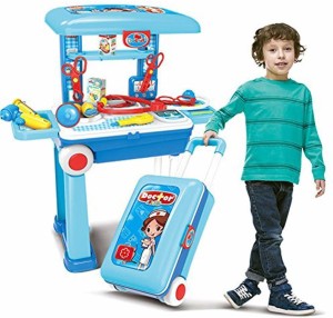 Veryke Deluxe Portable Plastic Doctor Role Play Toy Set with Convertible Suitcase Accessories (Blue)
