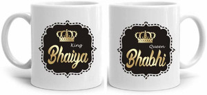 THE CLICK INDIA King Bhaiya Queen Bhabhi Ceramic Coffee/Tea For Couple Best Gift For Birthday/Wedding/Anniversary Microwave Safe-330 ml Ceramic Coffee Mug