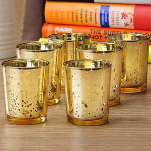 Decent Glass Glass 6 Tealight Candle Holder Glass Votive, Birthday, Holiday & Home Decoration, Set of 12 (Gold) Glass Tealight Holder Set
