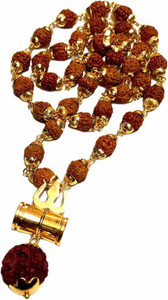 Cyan spritual Shiv Shakti Kavach 5 Mukhi Rudraksha Mala With Shiv Trishul & Damru Mahadev Damroo Chain Beads Gold-plated Plated Brass, Wood Chain Gold-plated Plated Brass Chain