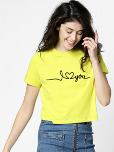 DASK Casual Short Sleeve Graphic Print, Printed Women Yellow Top