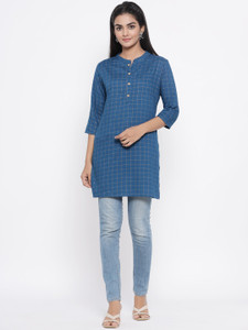 Fabriko Casual 3/4 Sleeve Checkered Women Light Blue Top