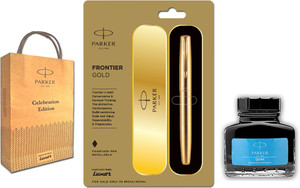 PARKER Frontier Gold Fountain Pen with Quink Bottled Ink Port and Gift Bag Pen Gift Set