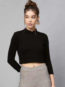 SASSAFRAS Casual 3/4 Sleeve Solid Women Black Top