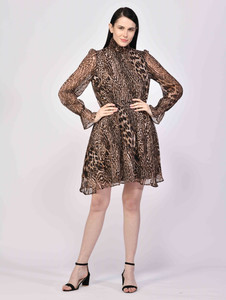 NUEVOSDAMAS Women A-line Brown Above Knee/Mid Thigh Length Dress