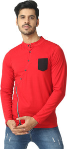 Black Collection Colorblock Men Mandarin Collar Red, Black T-Shirt