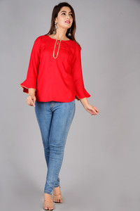 Brijam Casual 3/4 Sleeve Solid Women Red Top