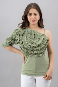PANKHIL Casual 3/4 Sleeve Solid Women Light Green Top