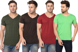 Jaskart Solid Men V Neck Multicolor T-Shirt