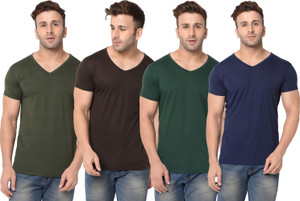 Jaskart Solid Men V Neck Multicolor T-Shirt
