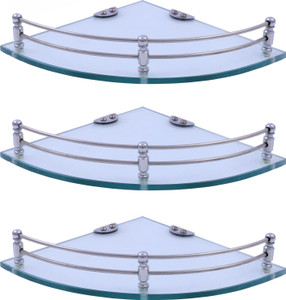 Kaaple Plain Glass Corner/Bathroom/Kitchen Shelf -7.5 X 7.5 Inches -Clear -Wall Mount (Transparent) Pack of 3 Glass Wall Shelf Glass Wall Shelf (Number of Shelves - 3, Clear) Glass Wall Shelf