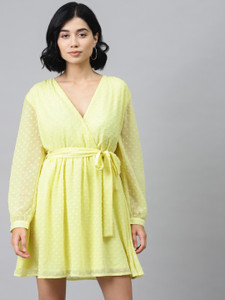 SASSAFRAS Women Wrap Yellow Above Knee/Mid Thigh Length Dress