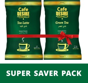 CAFE DESIRE Tea Latte – Cardamom Premix & Green Tea Super Saver Pack - 2 Items in the set | Low Sugar Tea Premix 650g + Masala Green Tea 500g | No Added Sugar | For Manual Use - Just add hot water | Suitable for all Vending Machines | Makes 180 cups Combo Cardamom Instant Tea Vacuum Pack