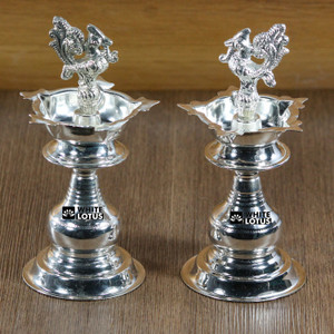 WHITE LOTUS HAMSA DEEPAM (PLAIN) Silver Plated (Pack of 2) Table Diya Set