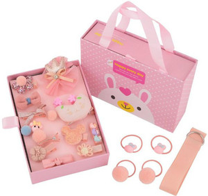 TRY 18 PCS BABY GIRL HAIR CLIPS SET |CUTE GIFT BOX | PEACH COLOUR| HAIR ACCESSORIES|11 HAIR ALLIGATOR CLIPS 2 CLUTCHES 4 RUBBER BANDS 1 HAIR CLIPS HANGER Hair Accessory Set