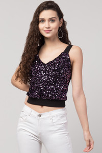 Fabitto Party Sleeveless Embellished Women Purple Top