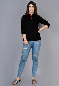 Angarkha Casual Solid Women Black Top