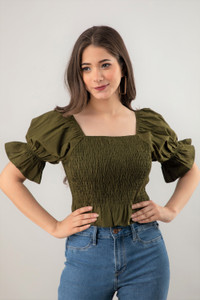 PRETTY LOVING THING Casual Short Sleeve Solid Women Dark Green Top