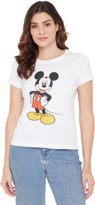 Mickey Mouse Family Printed Women Round Neck White T-Shirt