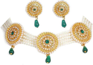 NIKYANKA Brass Gold-plated Gold, Green Jewellery Set