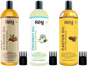 Rey Naturals Cold Pressed Castor Oil, Coconut Oil & Sweet Almond Oil - for hair & skin - 200ML + 200ML + 200ML Hair Oil