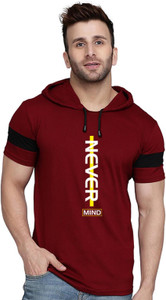 SLOWLORIS Typography Men Hooded Neck Maroon, Black T-Shirt