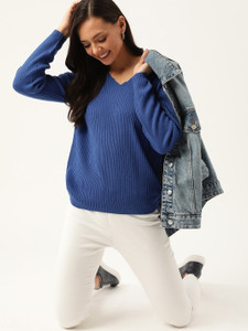 Dressberry Self Design V Neck Casual Women Blue Sweater