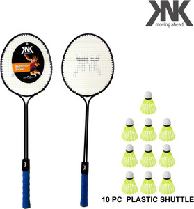 KNK Double Shaft Single Colour Set Of 2 Piece Badminton Racket With 10 Piece Plastic Shuttle बैडमिंटन किट