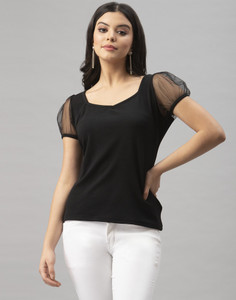 Selvia Solid Women V Neck Black T-Shirt