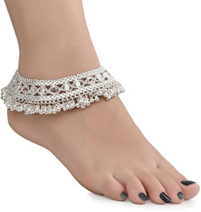AanyaCentric Bridal Silver Plated White Metal Indian Traditional Ethnic Fancy Heavy Pair Alloy Anklet