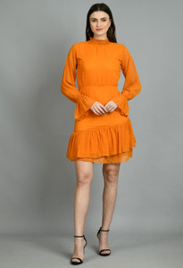 AAYU Women Skater Yellow Knee Length Dress