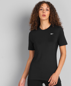 REEBOK Solid Women Round Neck Black T-Shirt