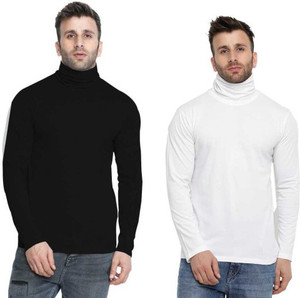 Christone Solid Men Turtle Neck White, Black T-Shirt